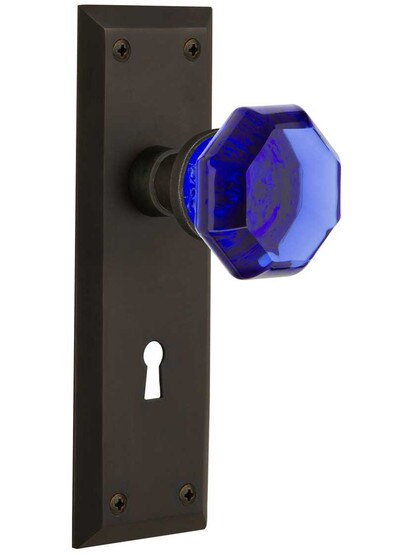 New York Mortise Lock Set with Colored Waldorf Crystal Glass Knobs Cobalt Blue in Oil-Rubbed Bronze.